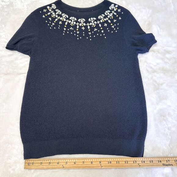Tori Burch Women's Navy Embellished Short Sleeve Stretchy Sweater Top Sz L - Picture 11 of 13